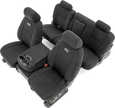 Rough Country Neoprene Seat Covers for Chevy Silverado & GMC Sierra 1500/2500HD (2007-2013) - Waterproof, UV Resistant, Foam-Padded Front & Rear Set w/Rear Armrest